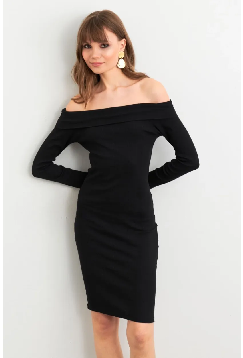 Kadın Siyah Madonna Yaka Kaşkorse Midi Elbise ALB3690