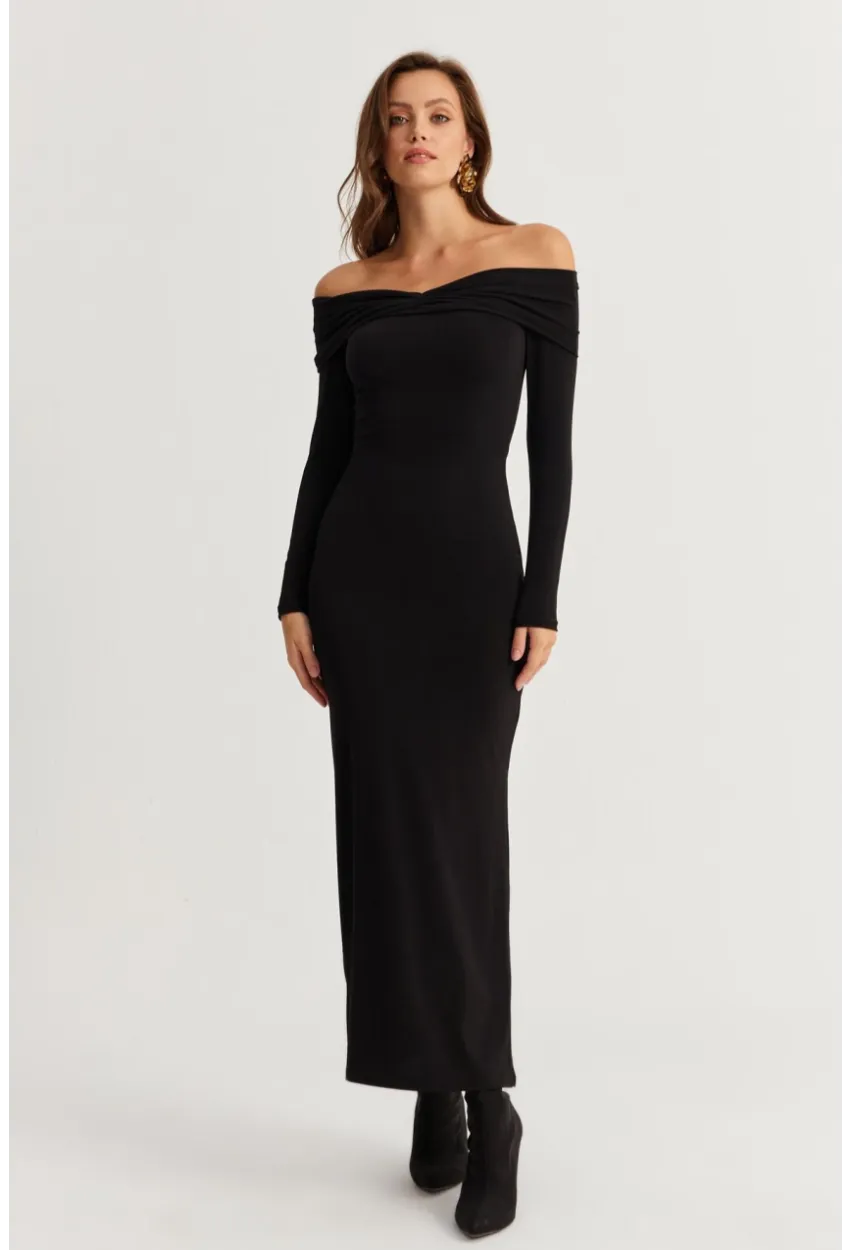 Kadın Siyah Madonna Yaka Maxi Elbise DMR391