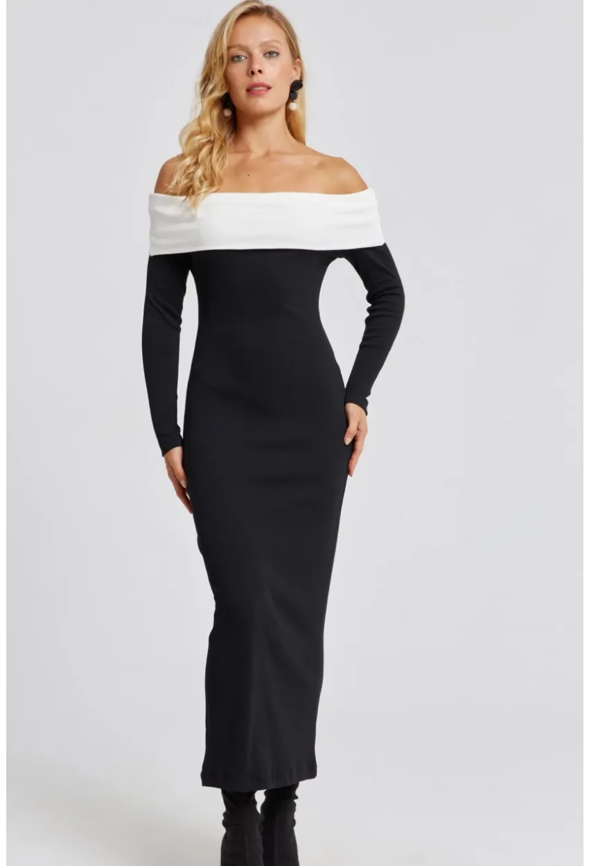 Kadın Siyah Madonna Yaka Maxi Elbise EY2696