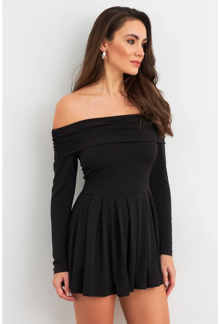 Kadın Siyah Madonna Yaka Midi Elbise MON1262