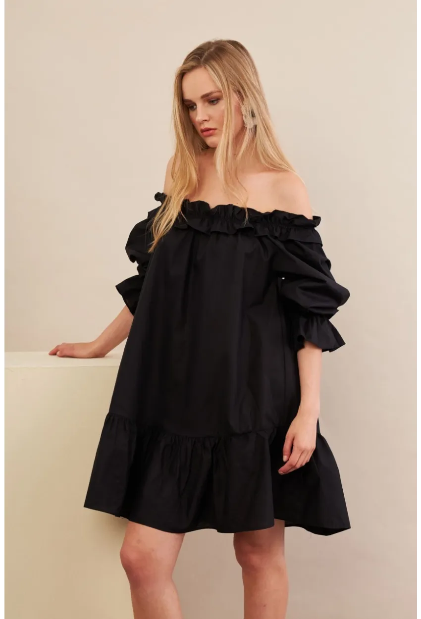 Kadın Siyah Madonna Yaka Midi Elbise PSG1012