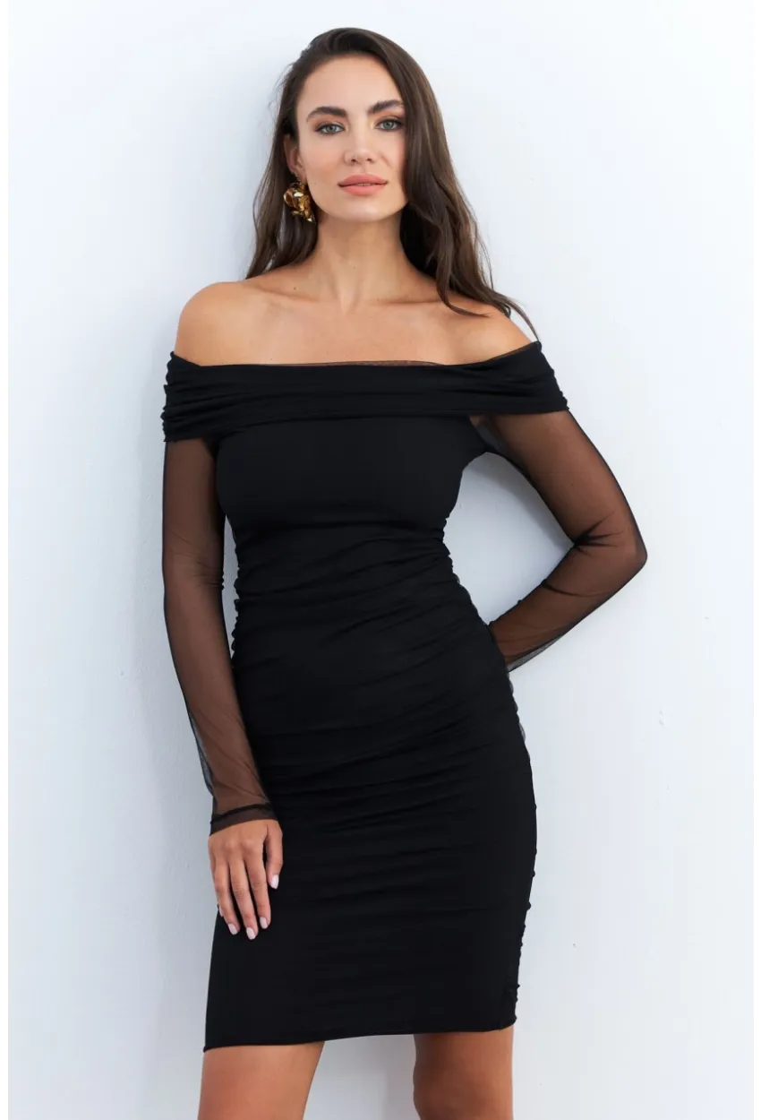 Kadın Siyah Madonna Yaka Midi Tül Yılbaşı Elbise ELT4033