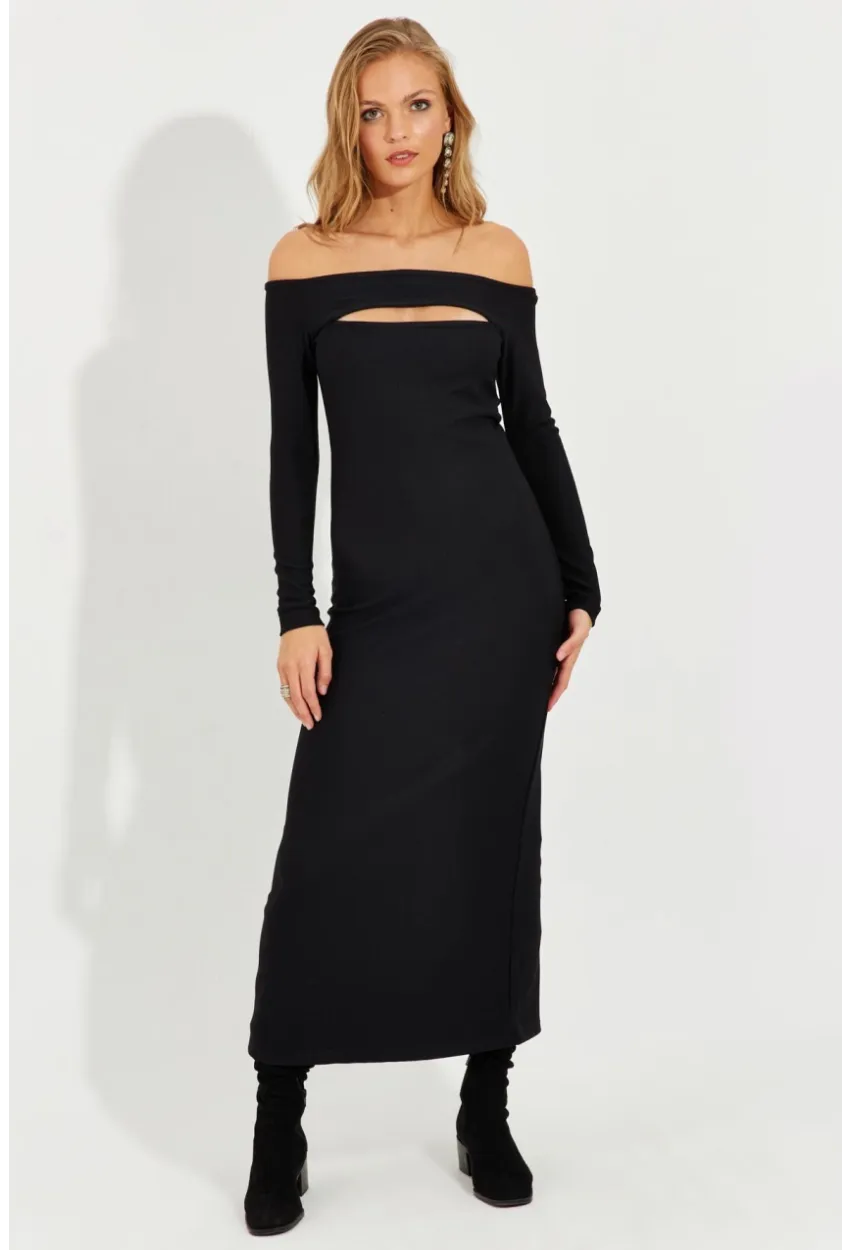 Kadın Siyah Madonna Yaka Pencereli Midi Elbise RMZ21163