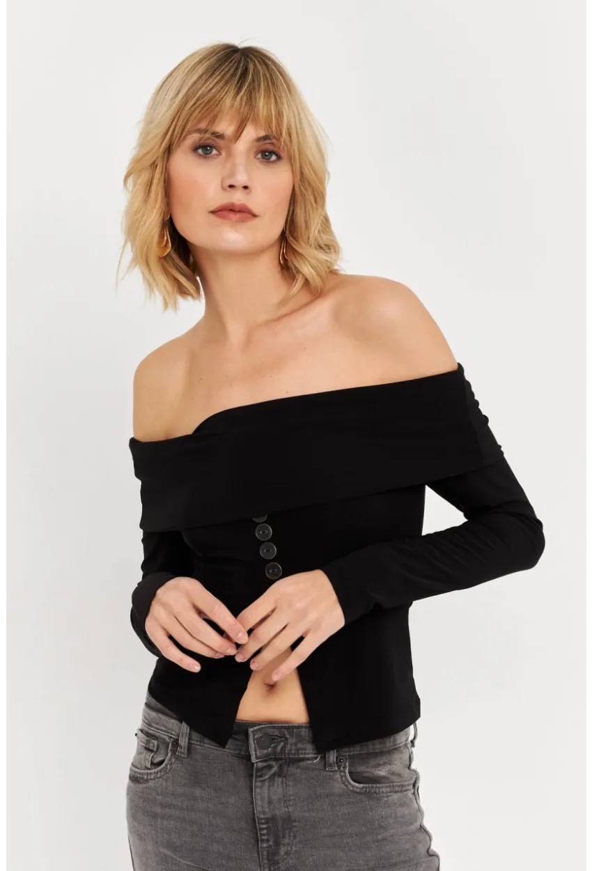 Kadın Siyah Madonna Yaka Yırtmaçlı Crop Bluz ELT4034