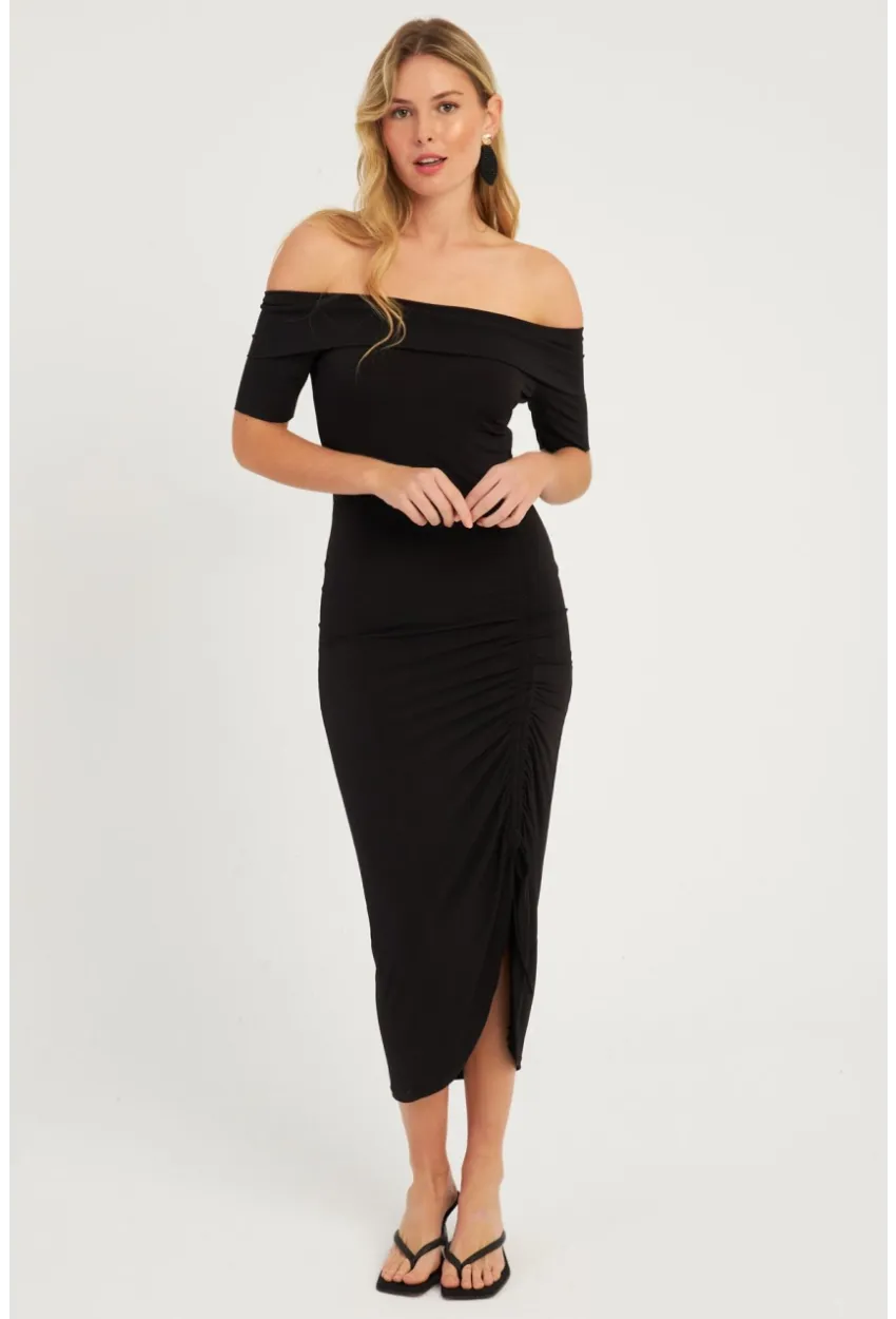 Kadın Siyah Madonya Yaka Büzgülü Midi Elbise YZ1025