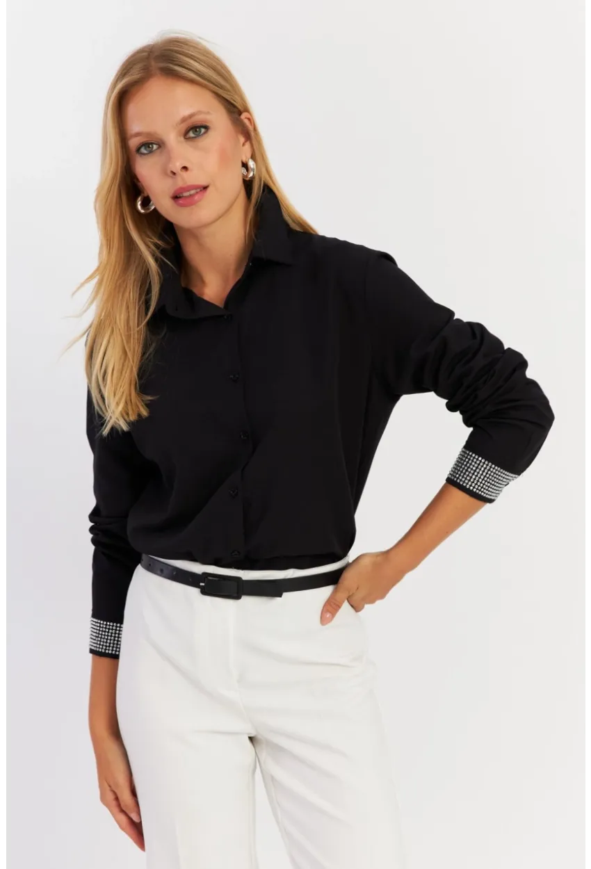 Kadın Siyah Manşeti Taşlı Gömlek ZER415