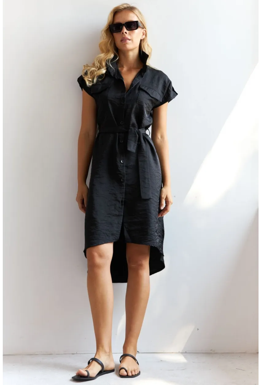 Kadın Siyah Midi Gömlek Elbise PP5509