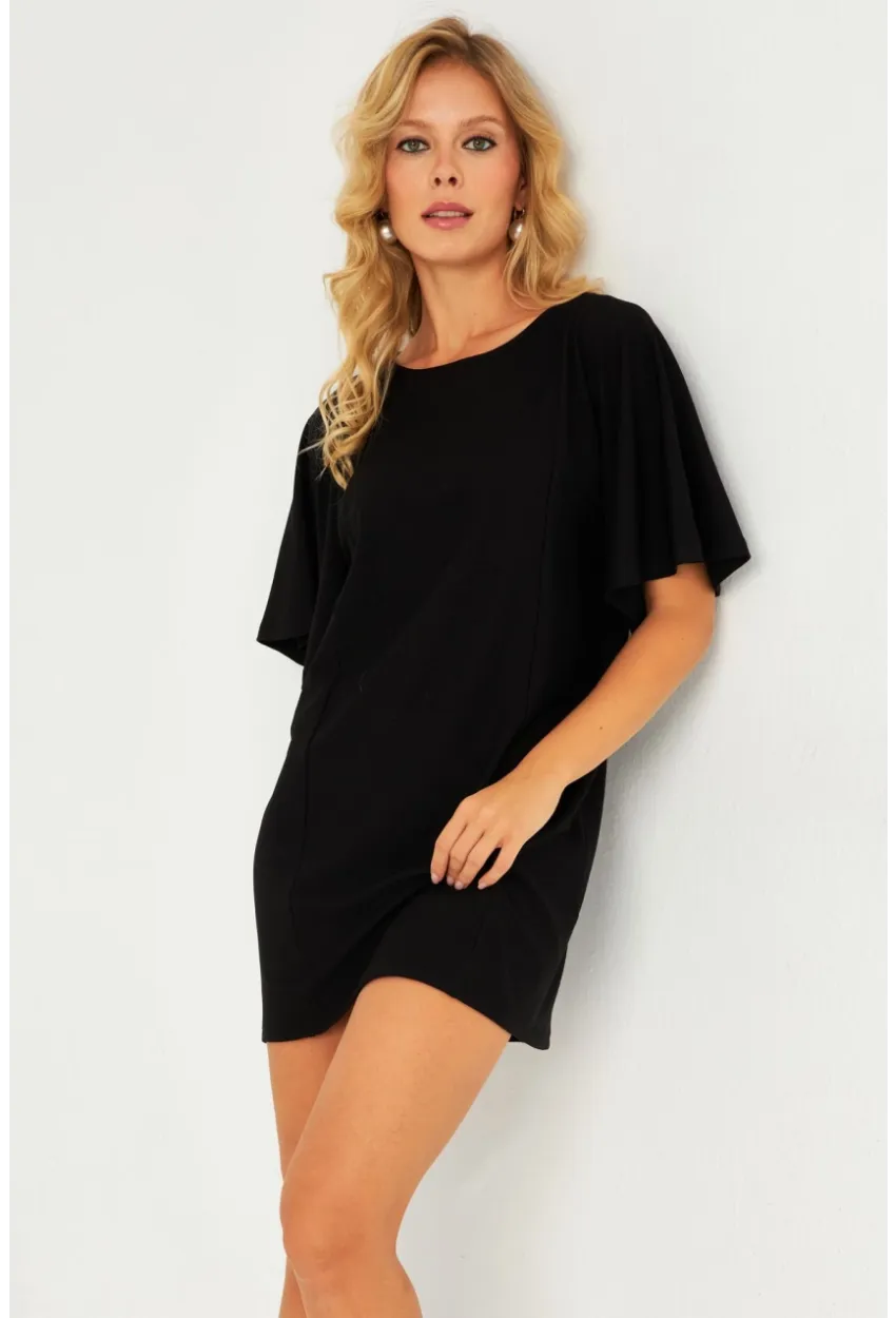 Kadın Siyah Mini Çan Kol Elbise TF05