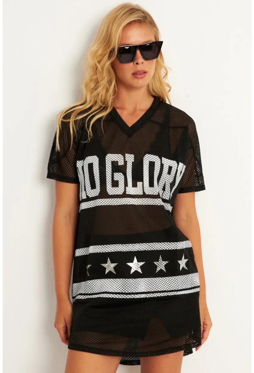 Kadın Siyah Mini File Baskılı Elbise TH1112