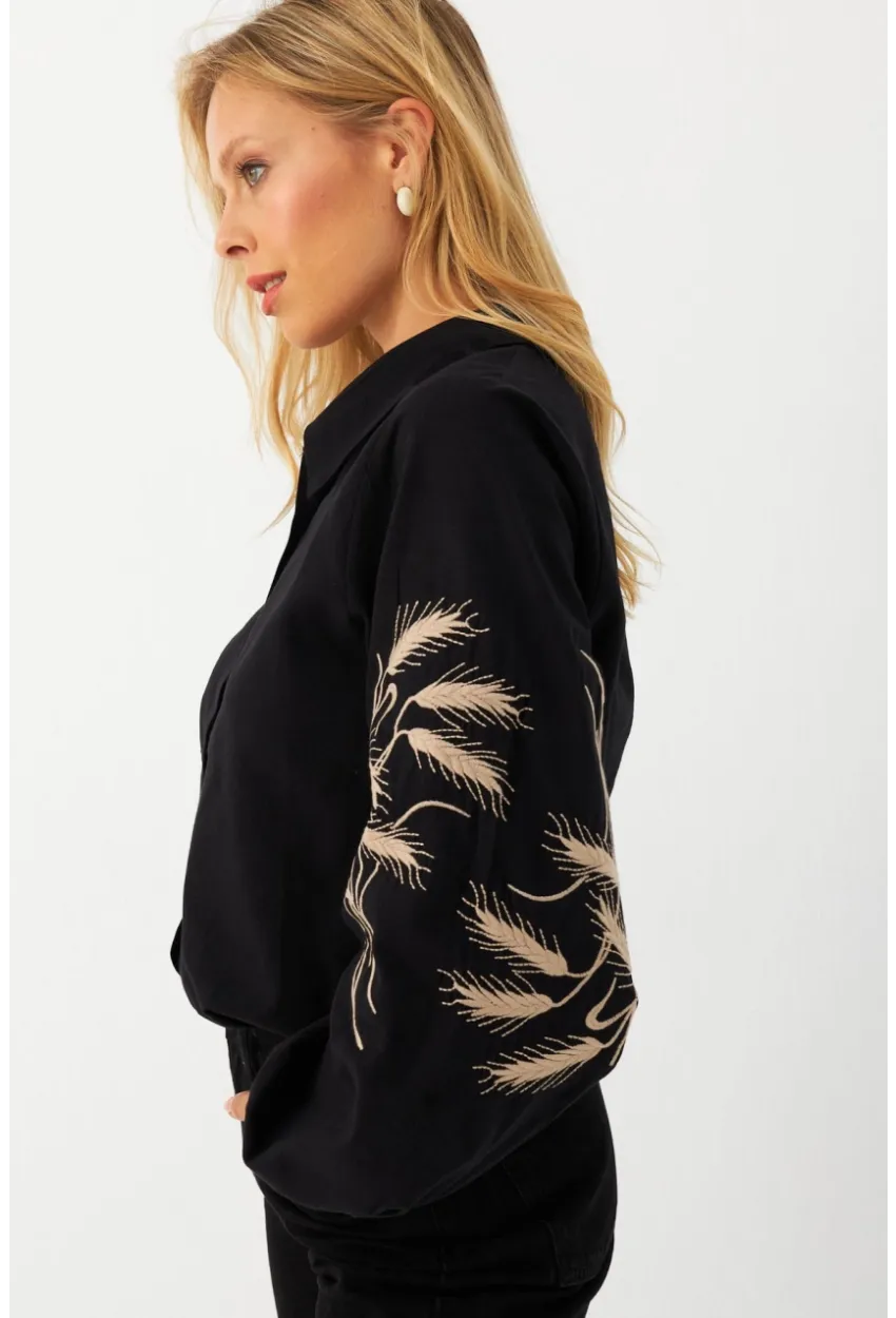 Kadın Siyah Nakışlı Balon Kol Gömlek MQS5603