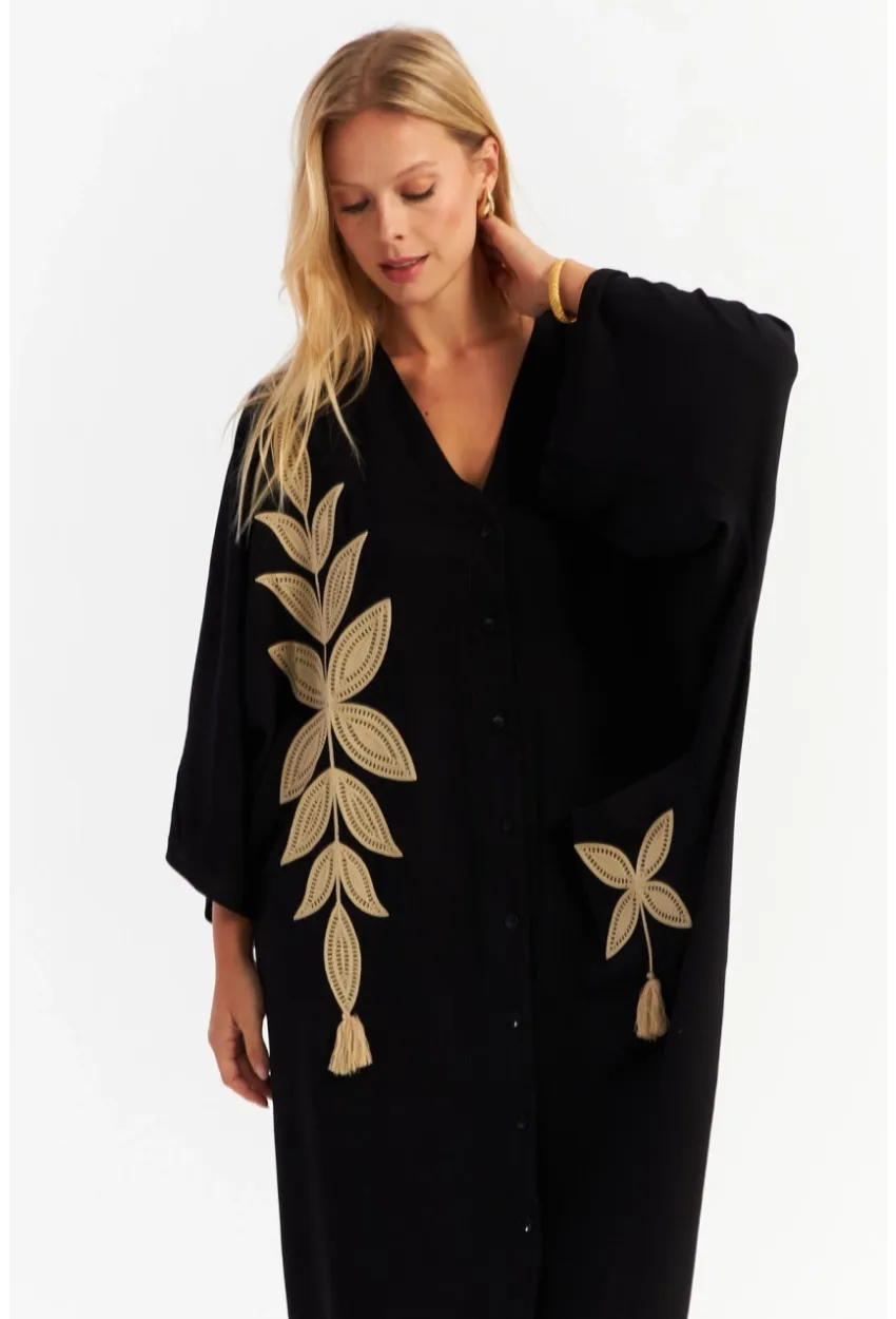 Kadın Siyah Nakışlı Cepli Maxi Elbise MALO13