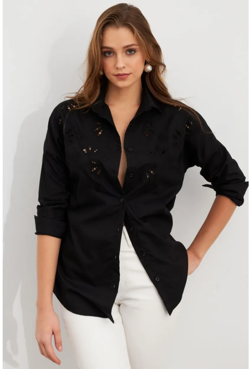 Kadın Siyah Nakışlı Gömlek DAF5017