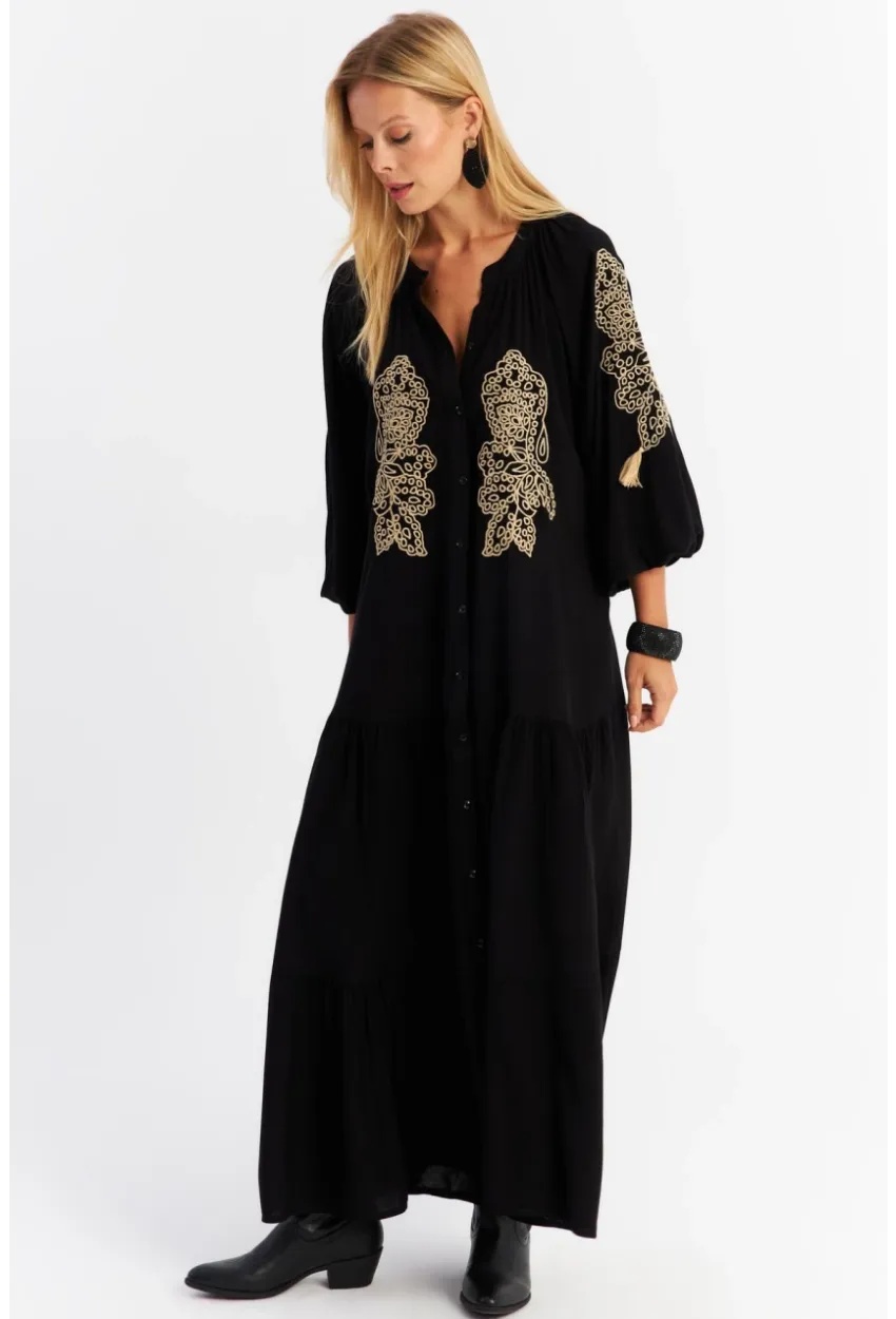 Kadın Siyah Nakışlı Volanlı Maxi Elbise MALO7