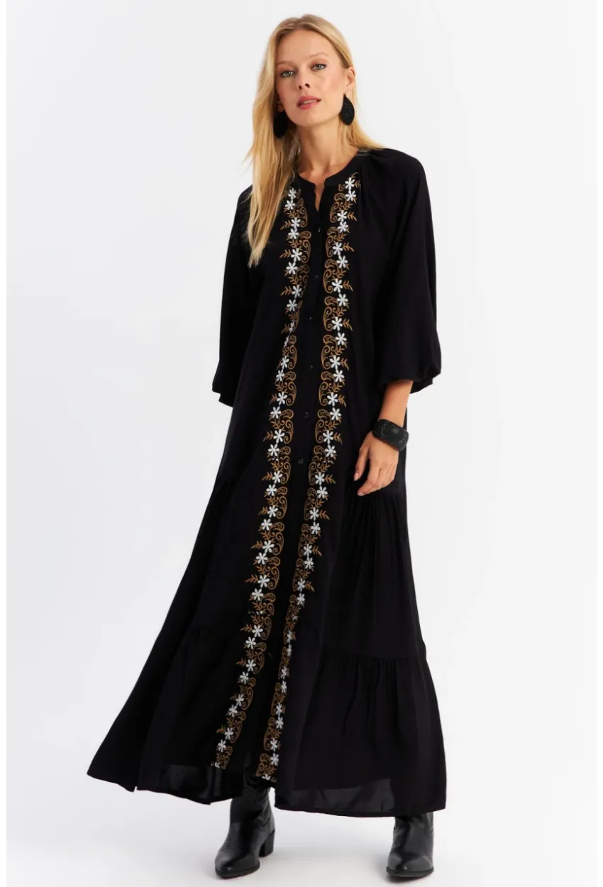 Kadın Siyah Nakışlı Volanlı Maxi Elbise MALO8