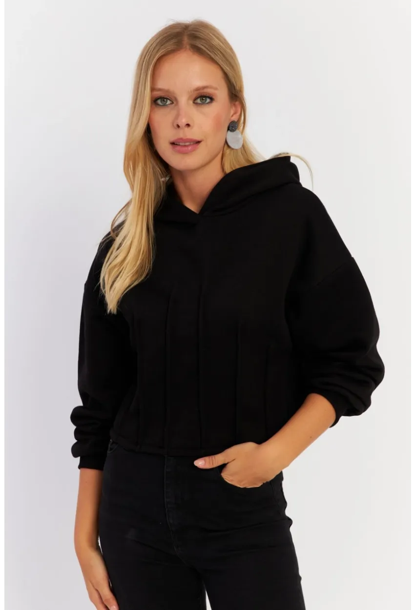 Kadın Siyah Nervüllü Üç İplik Sweatshirt TF13