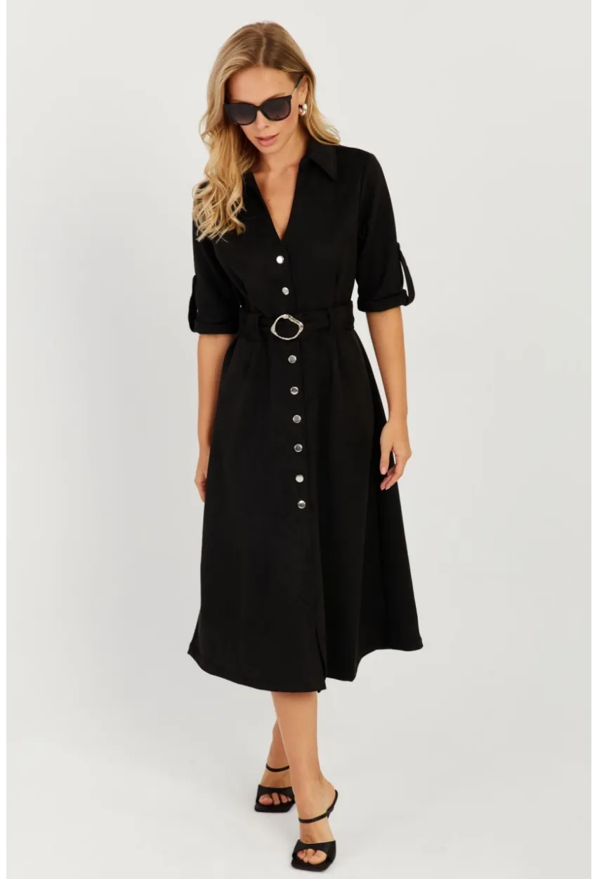 Kadın Siyah Nubuk Midi Gömlek Elbise KED4023