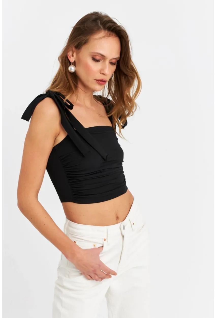 Kadın Siyah Omuz Bağlamalı Crop Bluz B5023-90
