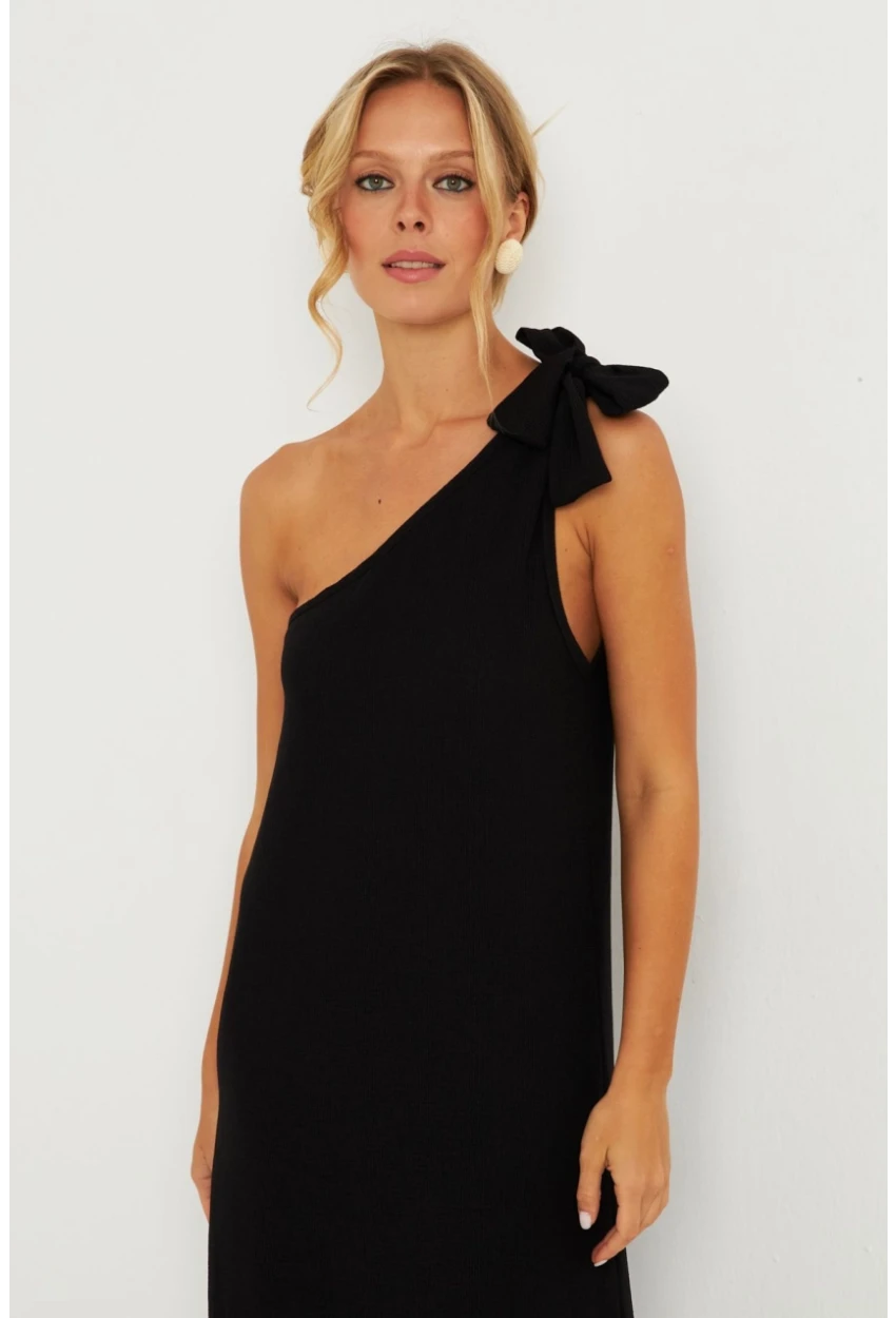 Kadın Siyah Omuz Fiyonklu Bürümcük Midi Elbise EY2800