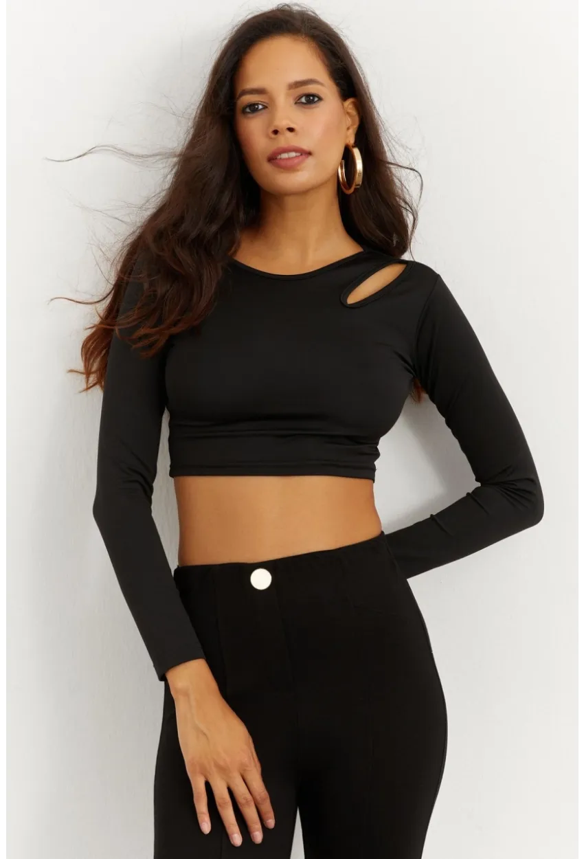 Kadın Siyah Omuz Pencereli Crop Bluz CG262