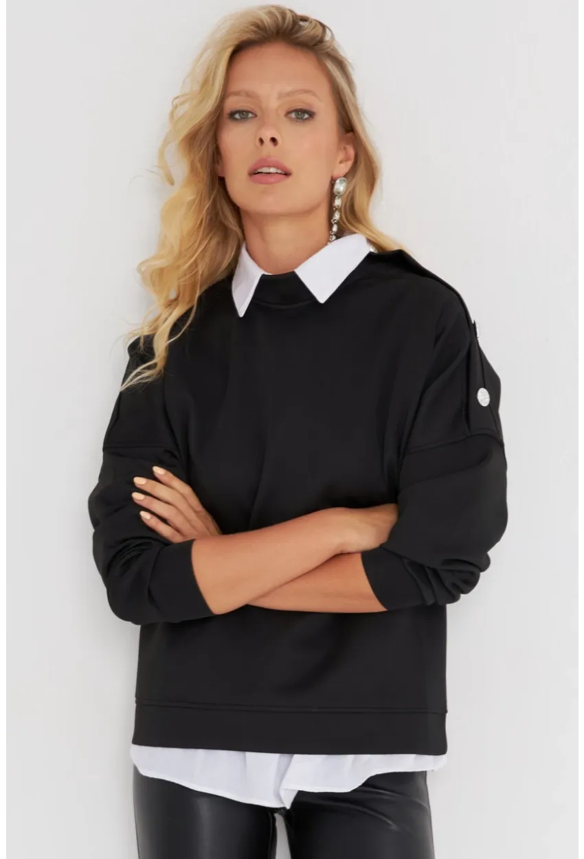 Kadın Siyah Omuz Taşlı Dalgıç Sweatshirt ST824