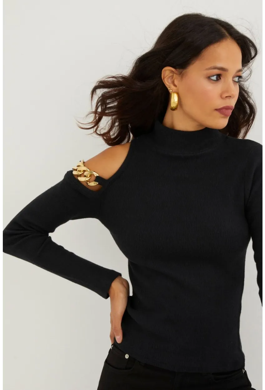 Kadın Siyah Omuzları Açık Zincirli Triko Bluz SF2005