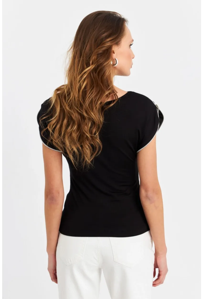 Kadın Siyah Omuzları Fermuarlı Bluz EY3062