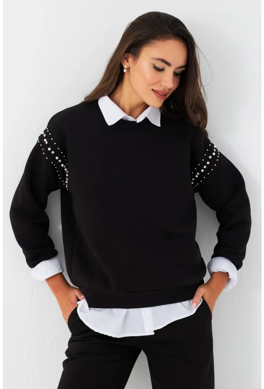 Kadın Siyah Omuzları İnci Detaylı Sweatshirt DY1424