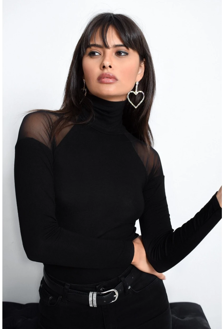 Kadın Siyah Omuzları Tül Bluz TZ2075