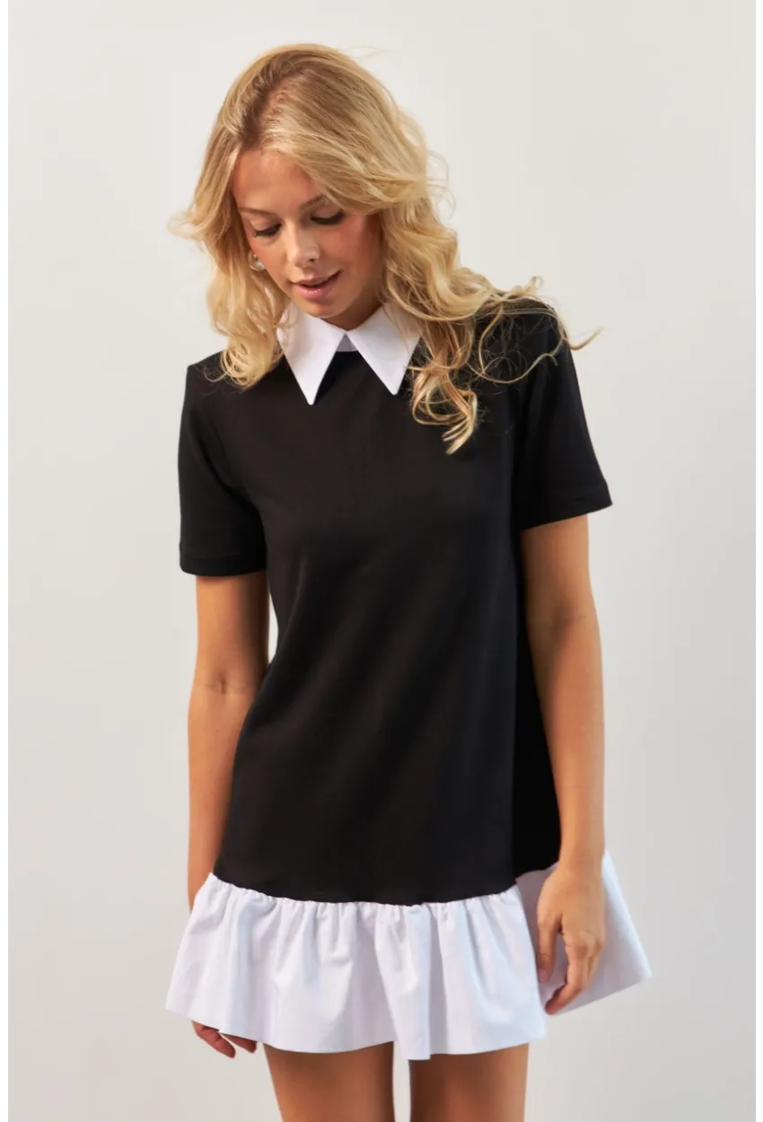 Kadın Siyah Omuzları Vatkalı Volanlı Mini Elbise KED4247