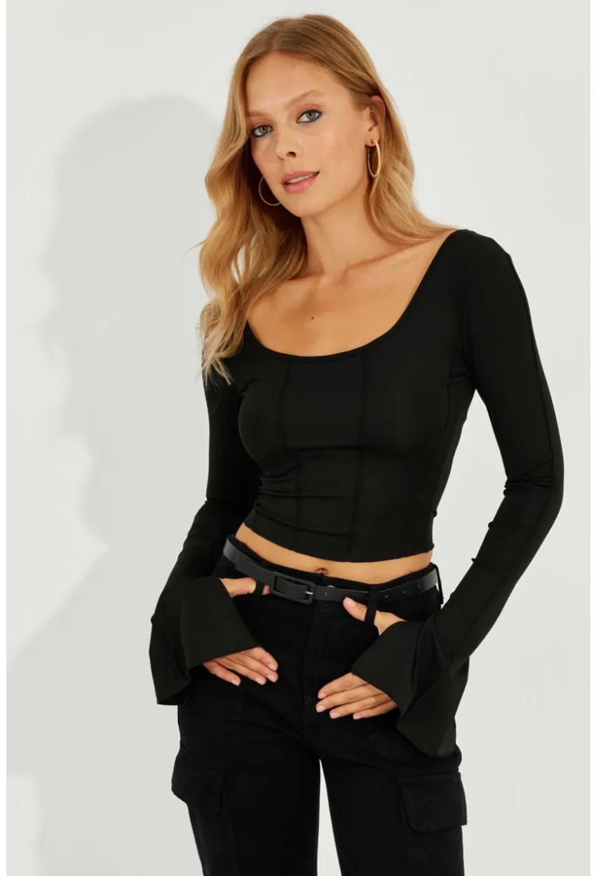 Kadın Siyah Ön Arka U Crop Bluz CG302