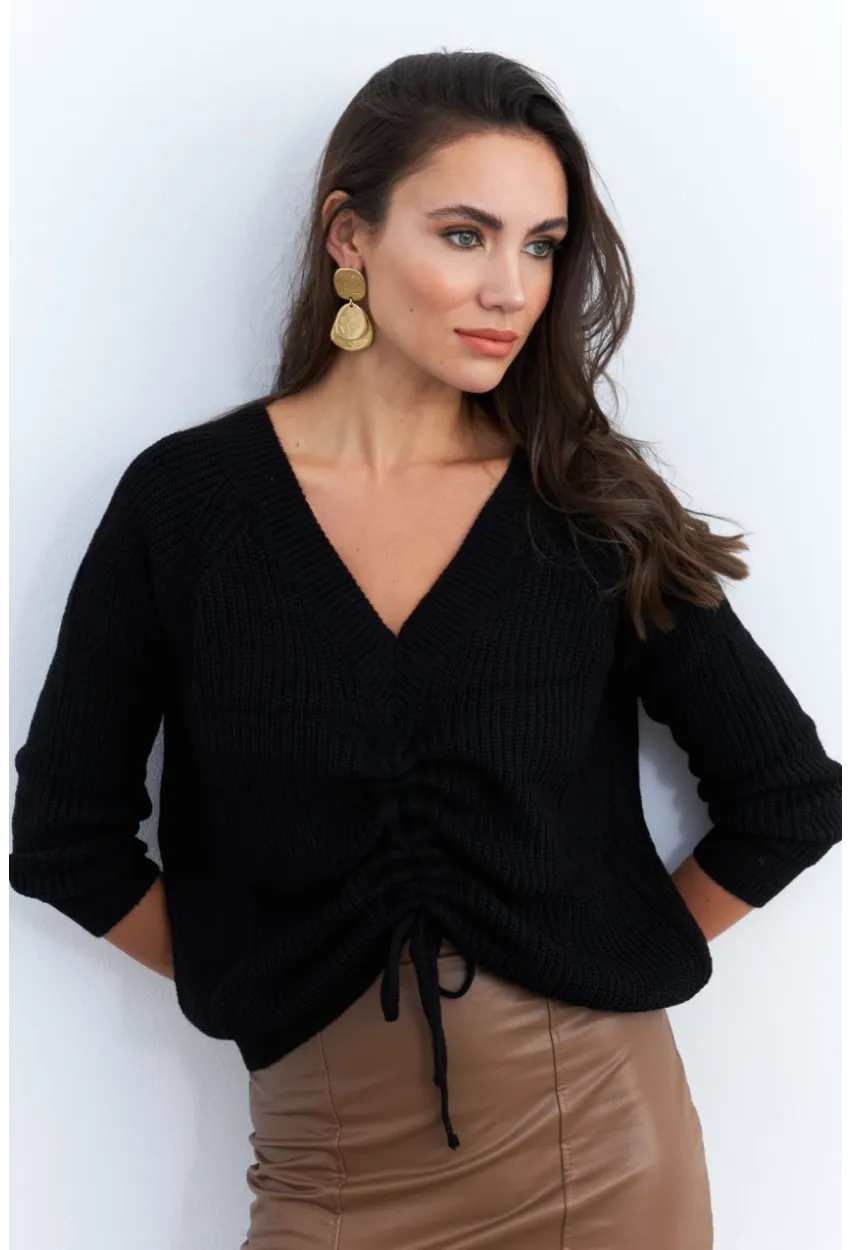 Kadın Siyah Önü Arka V Önü Büzgülü Kazak KAZ29