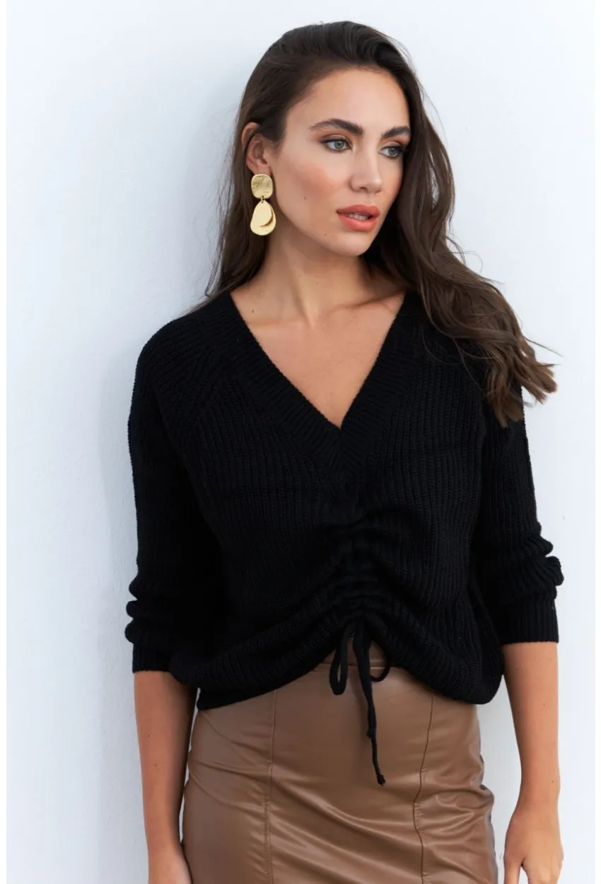 Kadın Siyah Önü Arka V Önü Büzgülü Kazak KAZ29