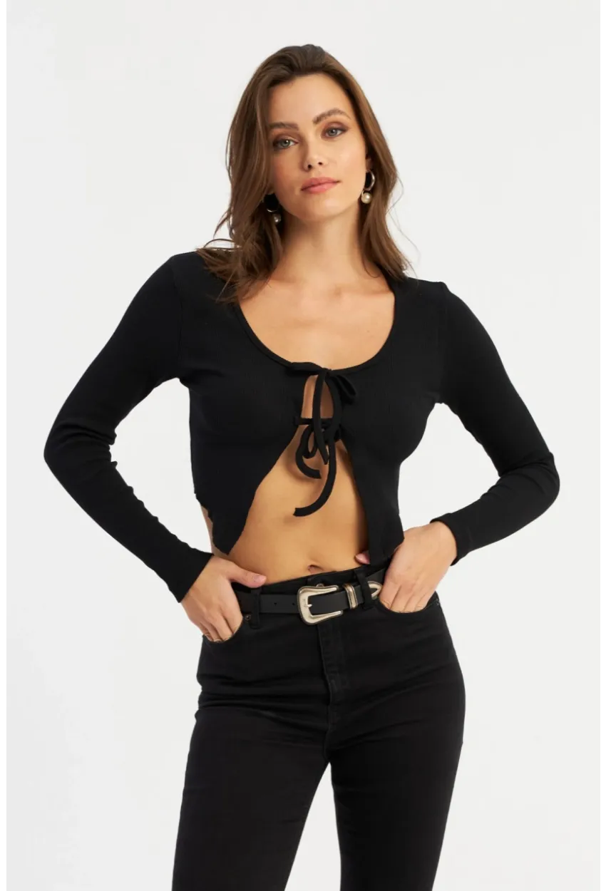 Kadın Siyah Önü Bağlamalı Kaşkorse Crop Bluz AYD381