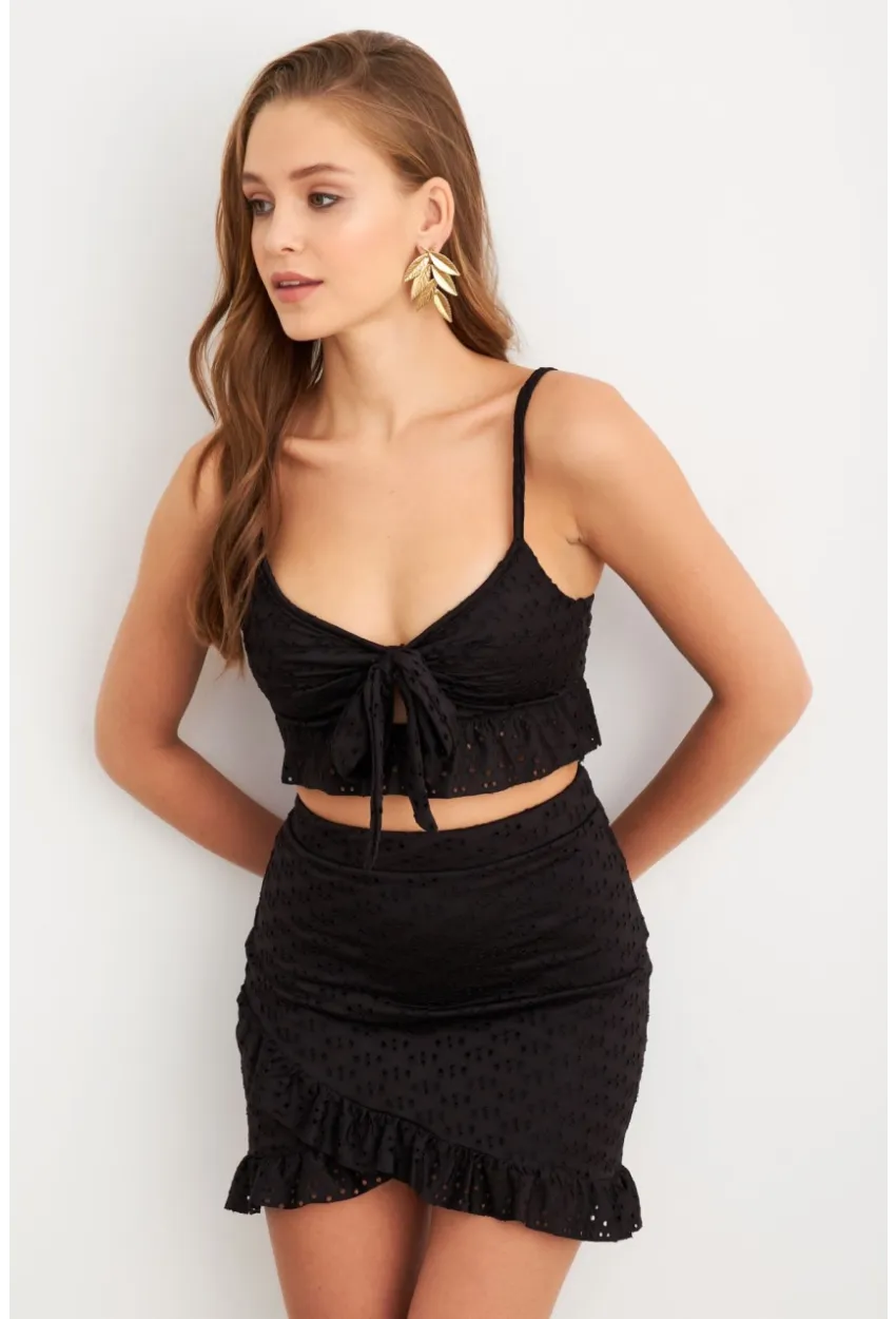 Kadın Siyah Önü Bağlamalı Mini Etekli Takım LİT1088