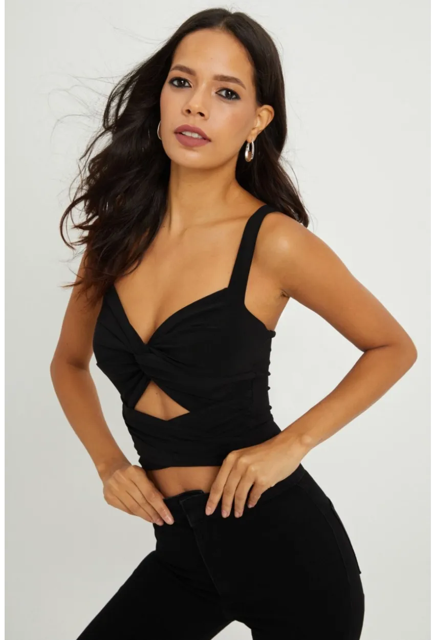 Kadın Siyah Önü Büzgülü Crop Bluz B189