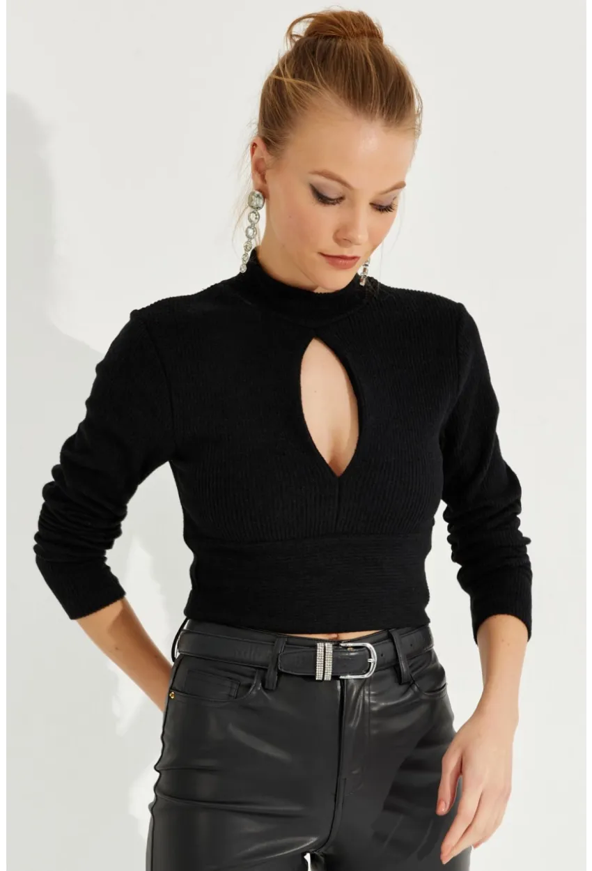 Kadın Siyah Önü Damla Crop Bluz LPP1243
