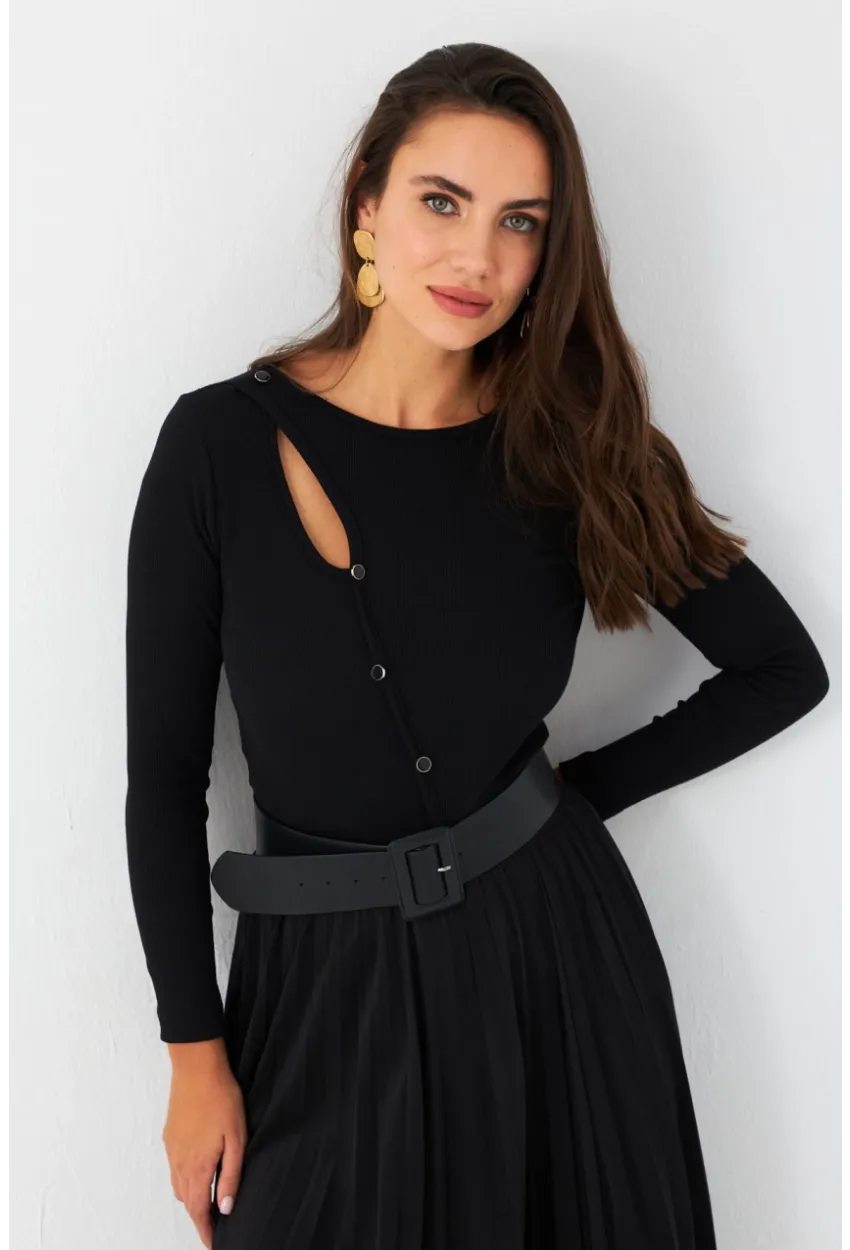 Kadın Siyah Önü Damla Kaşkorse Bluz EY2974