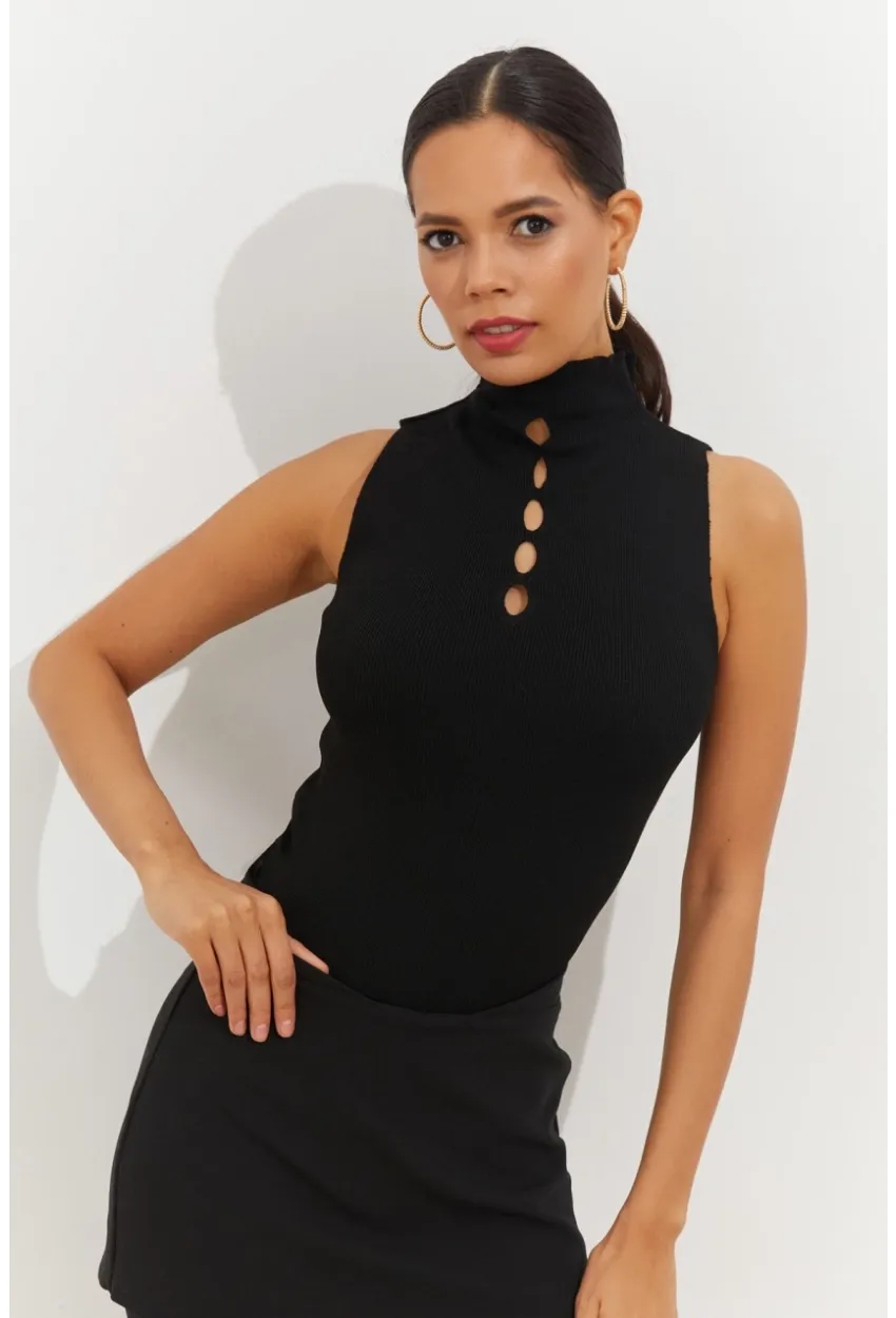 Kadın Siyah Önü Damla Kolsuz Triko Bluz YV112