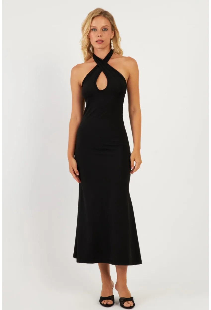 Kadın Siyah Önü Damla Midi Elbise EY2847