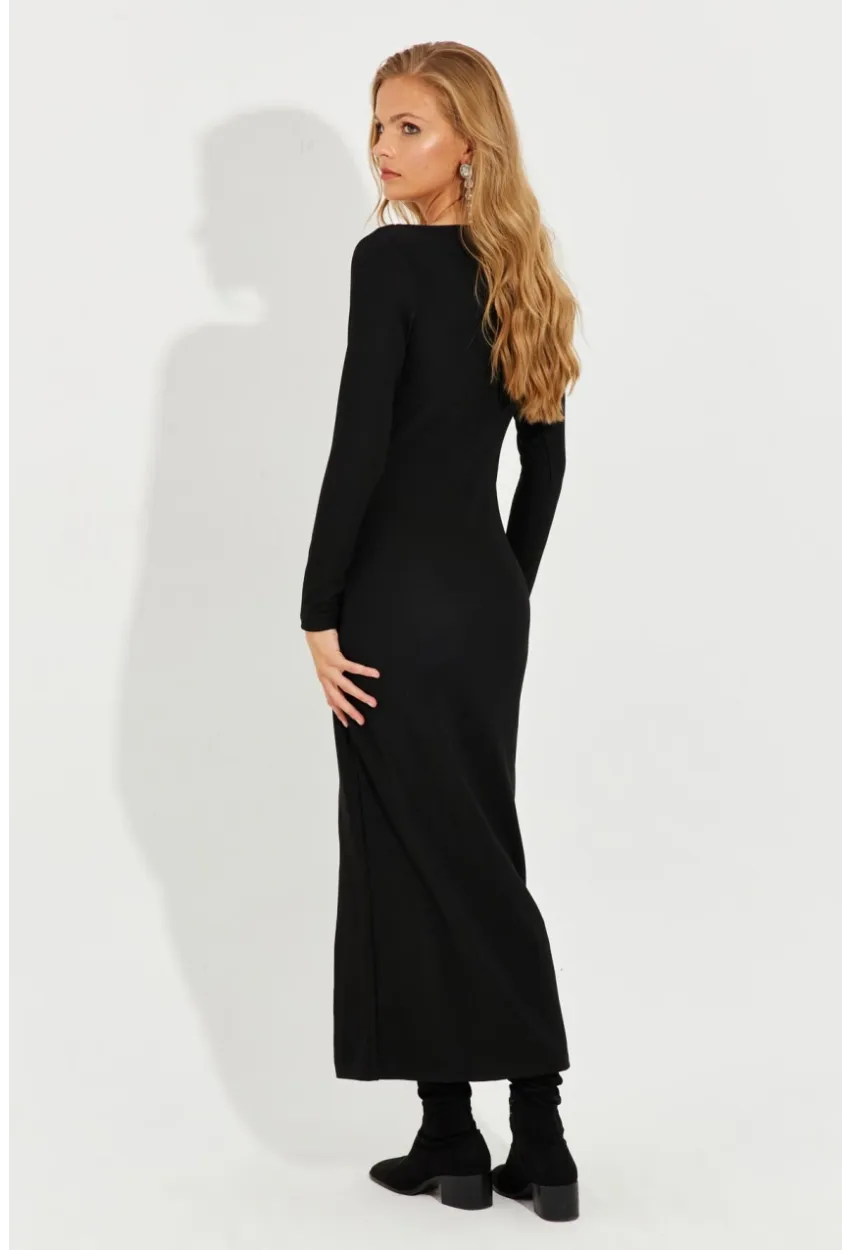 Kadın Siyah Önü Damla Yırtmaçlı Midi Elbise RMZ1002