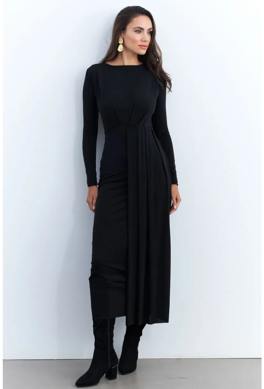 Kadın Siyah Önü Drapeli Maxi Elbise SHR5