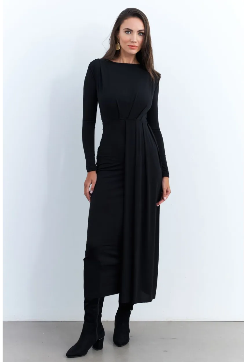 Kadın Siyah Önü Drapeli Maxi Elbise SHR5