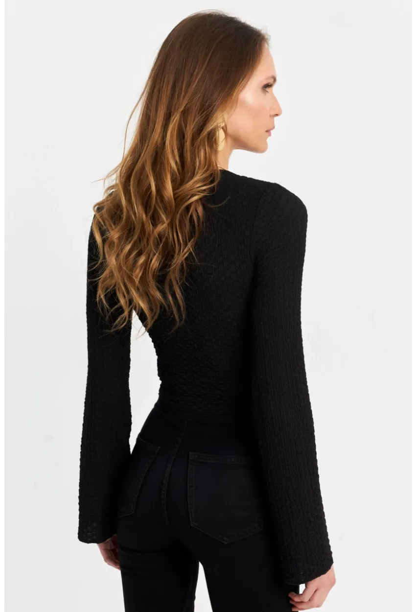 Kadın Siyah Önü Düğümlü İspanyol Kol Bluz SB353