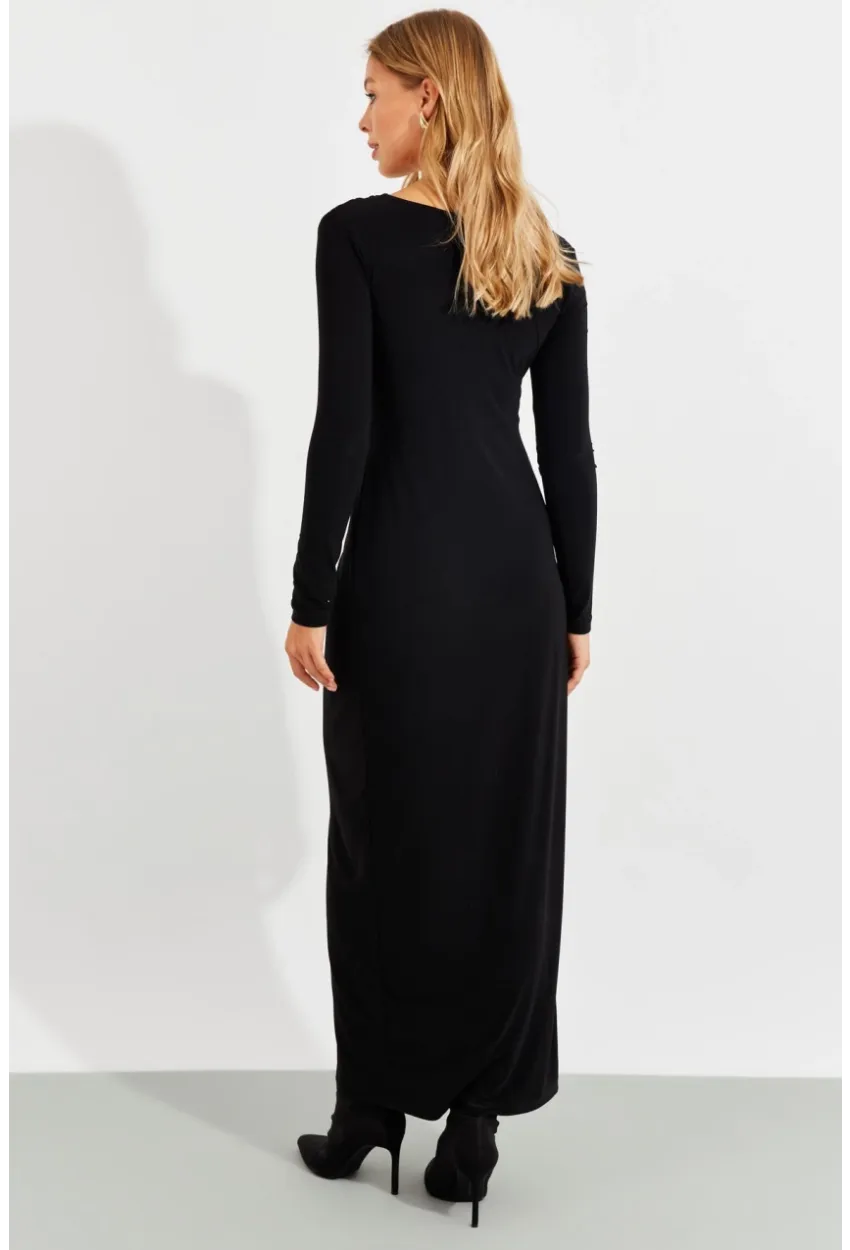 Kadın Siyah Önü Düğümlü Maxi Elbise BK1708