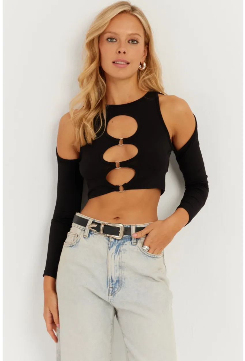 Kadın Siyah Önü Halkalı Crop Bluz MEN2038