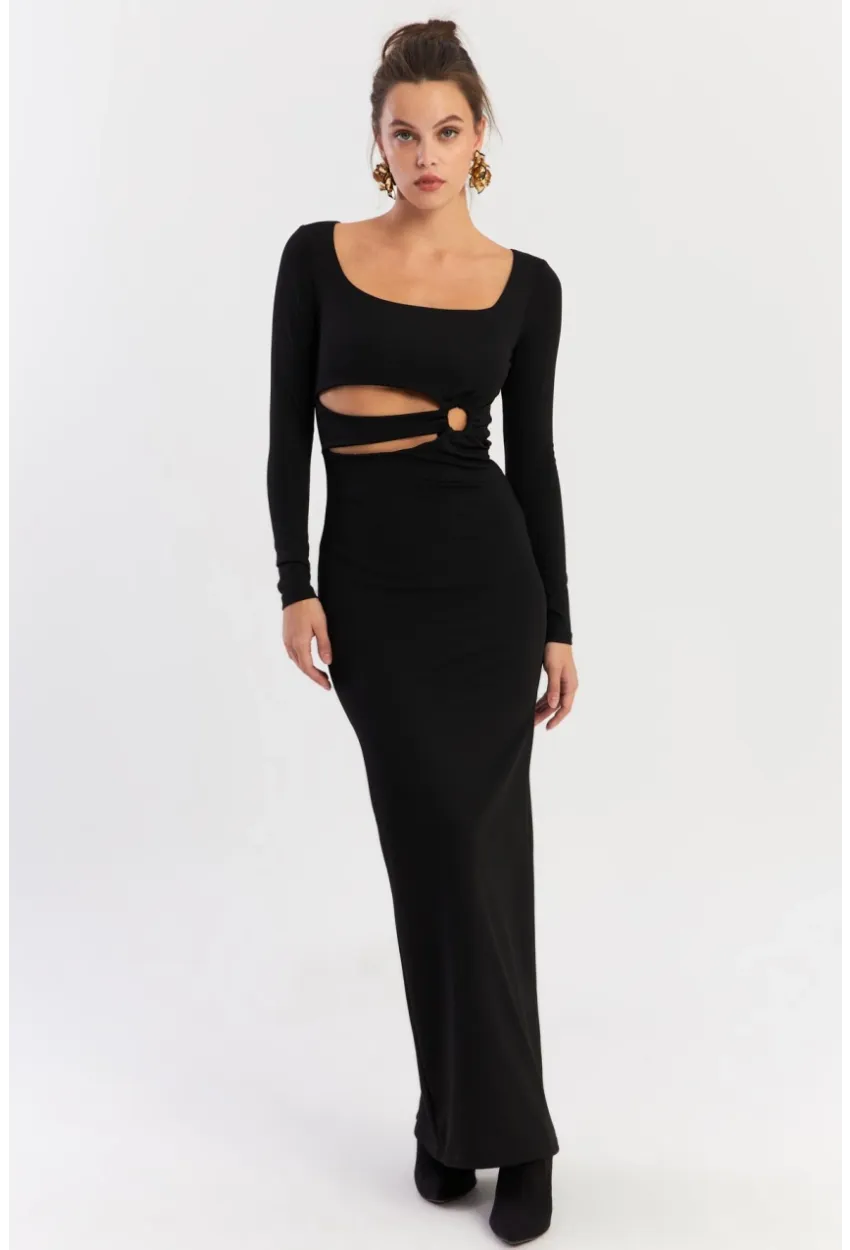 Kadın Siyah Önü Halkalı Maxi Yılbaşı Elbise DCF089