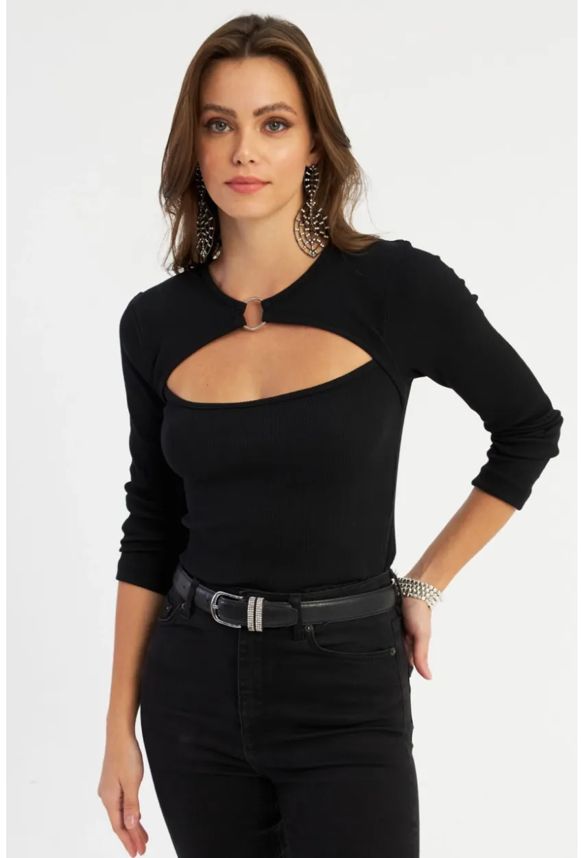 Kadın Siyah Önü Halkalı Pencereli Kaşkorse Bluz AYD382