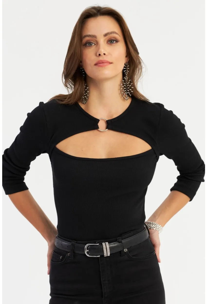 Kadın Siyah Önü Halkalı Pencereli Kaşkorse Bluz AYD382