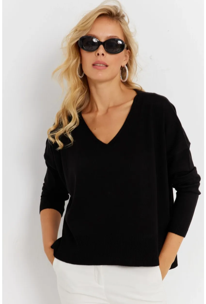 Kadın Siyah Önü Kısa Triko Kazak YİL551