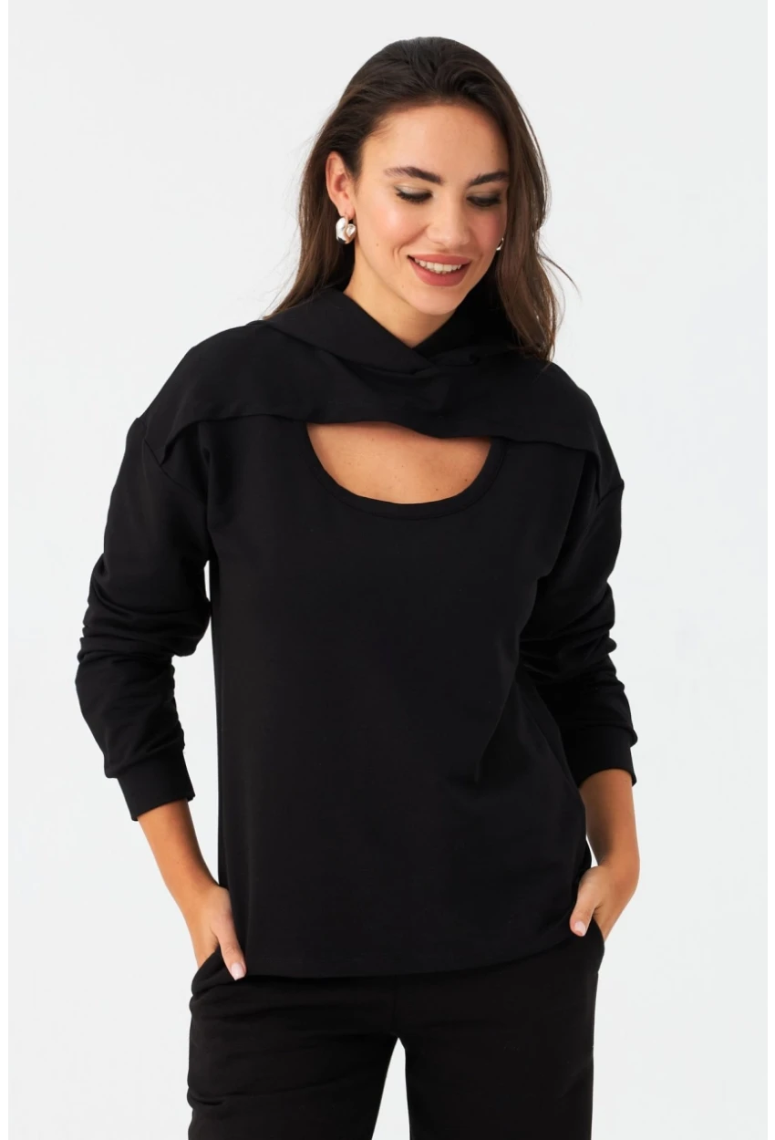 Kadın Siyah Önü Pencereli Kapüşonlu Sweatshirt TF38